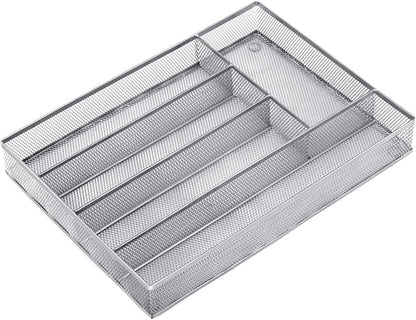 Neudeco Silverware Drawer Organizer Holder, Cutlery Tray Silverware Flatware Storage Divider for Kitchen, Bedroom, Living Room,Mesh Wire with Non-slip foam Feet, 5 Compoment（ Silver）