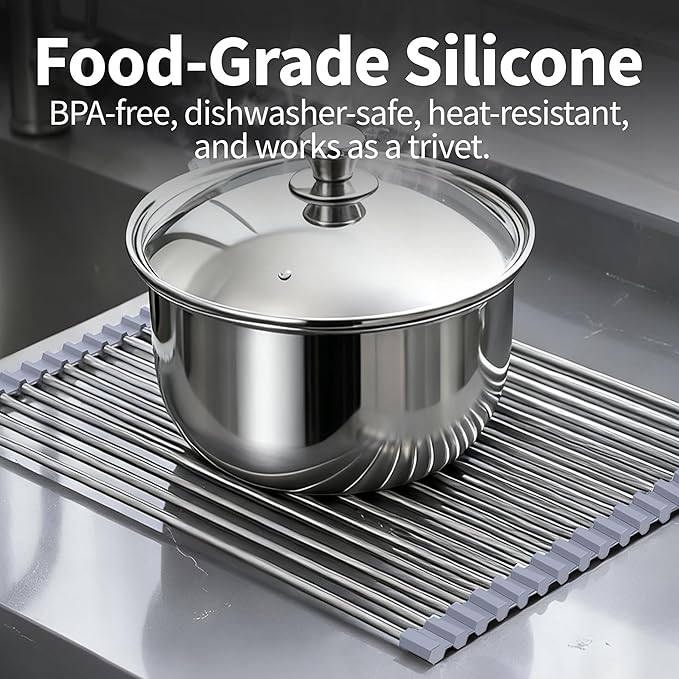 TYZUIAW Roll Up Dish Drying Rack for Over Sink -17.5"x11.8" Foldable Stainless Steel Kitchen Drainer，Gray