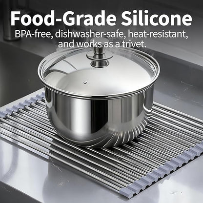 TYZUIAW Roll Up Dish Drying Rack for Over Sink -17.5"x11.8" Foldable Stainless Steel Kitchen Drainer，Gray