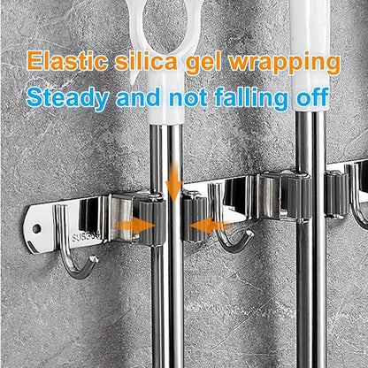 1Pcs Broom Mop Holder Wall Mount – Stainless Steel Heavy Duty Organizer with 2 Racks & 3 Hooks for Garage, Kitchen, Laundry Room, Garden & Home