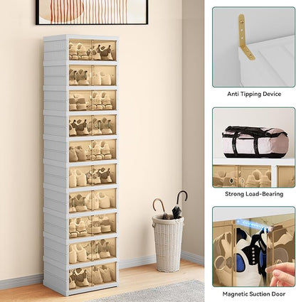 YITAHOME 10 Tier 20 Pairs Foldable Shoe Storage Box, Plastic Shoe Organizer with Magnetic Doors for Closet, Collapsible Sneaker Rack for Entryway Living Room Bedroom (White)