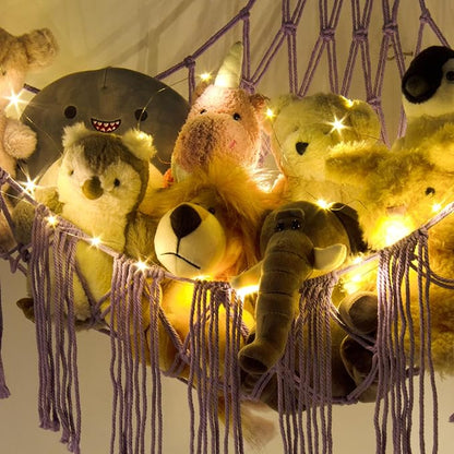 Stuffed Animal Hammock Corner with LED Light - Toy Storage Hammock Plushie Net Organizer - Teddy Bear Stuffy Hammock - Purple Nursery Decor Baby Kids Bedroom Nursery Furniture