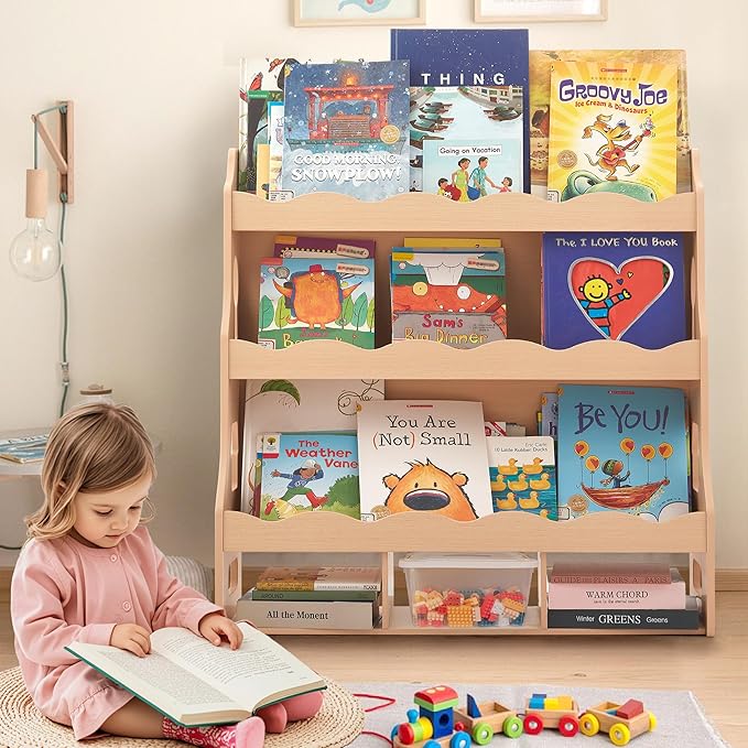 Wooden Kids Bookshelf, Book Shelf for Kids Rooms w/Scalloped Edges, Durable Childrens Bookshelf with 3 Cube Bins for Books & Toys - Toddler Montessori Bookcase Nursery