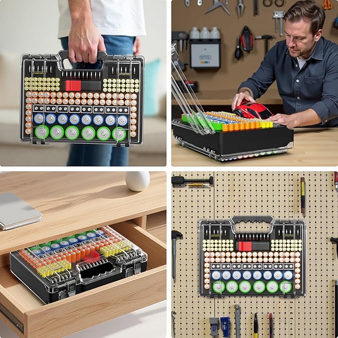 Battery Organizer Storage Holder Box Case with Tester, Stores & Protects Up to 260 Batteries, Double-Sided, Clear Locking Lid, Secure Latches & Portable Carrying Handle (Batteries Not Included)