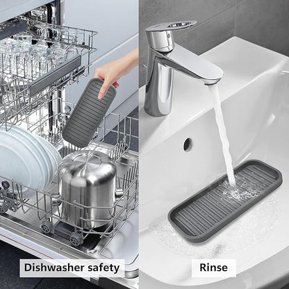 silicone sponge holder - dish soap holder for kitchen counter 2 Pack, Waterproof sponge soap tray for kitchen sink bathroom, Multipurpose sink caddy organizer for soap dispenser Scrubbers Makeup Gray