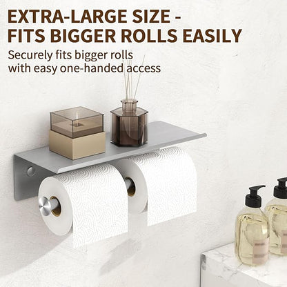YUMORE Toilet Paper Holder, 304 Stainless Steel Bathroom Double Roll Tissue Holder with Shelf, Wall Mounted Washroom Dual TP Dispenser Storage, Flushable Wipes Dispenser, Brushed Nickel Finish