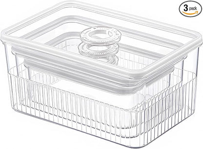 Huaqinglian Fridge Food Fruit Storage Container Bin with lid, Refrigerator food vegetable Organizer Fresh Keeper Container with timer lid Fruit Vegetables storage bin For fridge (0.9L+1.8L+3.4L)