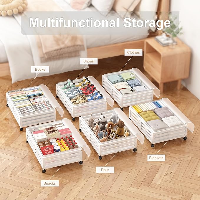 Wisuce Home Under Bed Storage Containers With Wheels - 2 Pcs Bamboo Wood Rolling Underbed Shoe Storage Bins With Dust Bags for Clothes Blankets, Duvet Covers Snacks Toys (White)