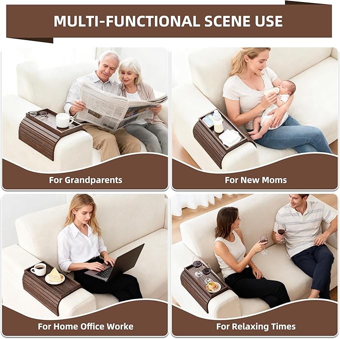 Couch Arm Tray, Anti-Falling Bamboo Sofa Armrest Tray Table, Foldable & Portable Armrest Tray Cup Holder Side Table for Drinks, Coffee, Phone, Snacks, Remote