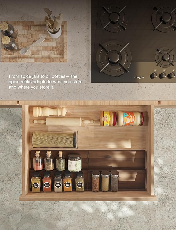 Tinamo Acacia Wooden Spice Rack Organizer for Cabinet - Spice Drawer Insert, Spice Organization for Cabinet, Seasoning Organizer, Spice Holder Pack of 8 (Walnut, Pack 4)