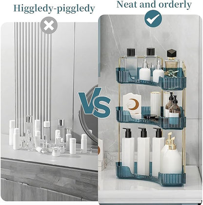 INVSSENE Corner Bathroom Countertop Organizer, Vanity Organizer Trays for Counter, Makeup Organizers, Perfume Tray, Skincare Shelf Storage Gifts for Women Girl Student (Blue, 3 Tiers)