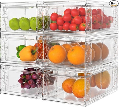 WRRLORS 6 Pack Stackable Storage Drawers,Clear Fridge Organizer with Handles and Movable Dividers,Pull-Out Acrylic Drawer Organizer for Pantry, Bathroom,Kitchen Undersink,Cabinet
