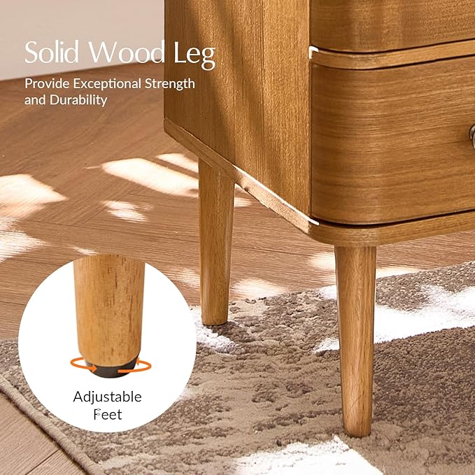 HULALA HOME Modern End Table Set of 2 with Charge Station, 3 Drawer Wood Side Table with Solid Wood Legs & Adjustable Feet, Curved Design End Table, Oak