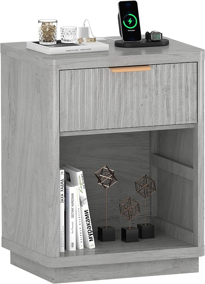 Fluted Farmhouse Night Stand, Fluted Nightstand with Charging Station, FlutedNightstand Bedroom with Drawers, Modern Mid Century Bedside Table w/Metal Handle