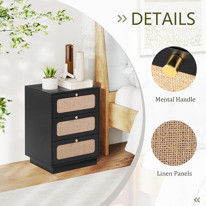 AVZEAR Mid Century Night Stand with 3 Drawers, Farmhouse End Table with Storage & Curved Linen Panel, Modern Nightstands Bedside Table Small Side Table for Small Space,Bedroom(Black)