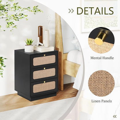 AVZEAR Mid Century Night Stand with 3 Drawers, Farmhouse End Table with Storage & Curved Linen Panel, Modern Nightstands Bedside Table Small Side Table for Small Space,Bedroom(Black)