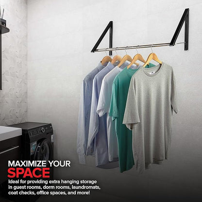 Double Foldable Clothing Rack w/ Extension Rod, Wall-Mounted Retractable Clothes Hanger for Laundry Dryer Room, Hanging Drying Rod, Small Collapsible Folding Garment Racks, Dorm Accessories (Black)