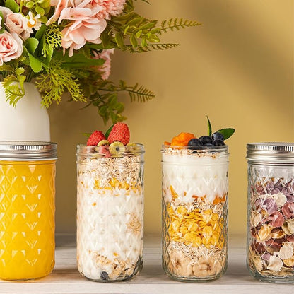 12 oz/350 ml Clear Glass Storage Canister with Airtight Lid, 4 Pack Cute Decorative Mason Container Jar for Salad, Overnight Oats, Snacks, Yogurt, Cereal, Fruit, Spice, Sugar, Coffee