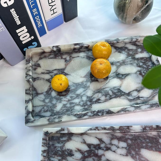 OAIQNUJ Natural Marble Vanity Tray, 9.8"x5.9" Genuine Calacatta Viola Marble Tray for Bathroom/Kitchen/Dresser