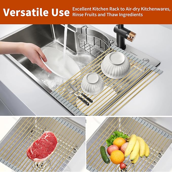 HAYAWEY Golden Expandable Roll-UP Dish Drying Rack-Large 304 Stainless Steel Dish Drainer Over The Sink for Kitchen Countertop,Extendable & Rollable & Food Grade (Gold,22.08'x 13.2')