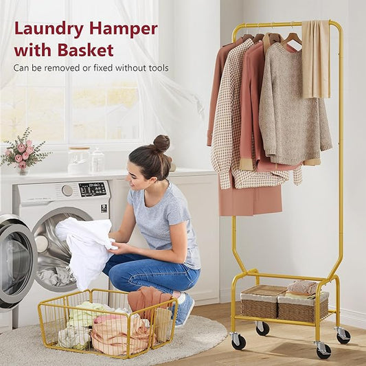 Tajsoon Laundry Cart with Wheels, Metal Rolling Laundry Hamper with Hanging Rack, Storage Basket and Shelf, Gold