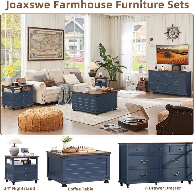 Joaxswe 24" Wide Farmhouse Night Stand Set of 2,Large End Table with 2 Drawers & Metal Handle,Blue Wood Dresser for Bedroom, Bed Side Table Chest of Drawers Cabinet, Nightstand for Living Room,Closet
