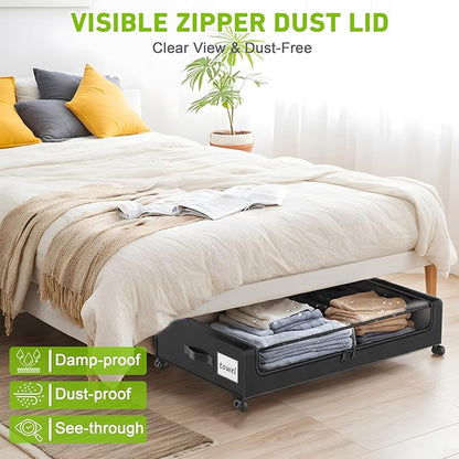 Under Bed Storage with Wheels, 4-Pack Under the Bed Storage Containers with Clear Lids & Label, Underbed Storage Bins, XXL 60L Rolling Metal Drawer for Clothes, Shoes, Toys, Books - Black