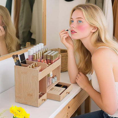 LONTAI Bamboo Makeup Organizer with Drawers, Cosmetic Storage for Lipstick Organizer Beauty Holder Skincare Organizer for Dresser Vanity Bathroom Countertop, No Assembly Required (Natural)