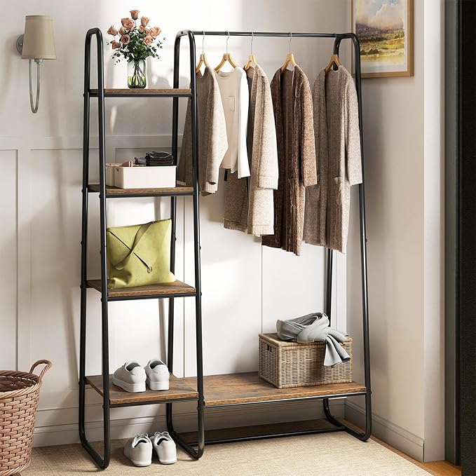 COSTWAY Clothes Rack with Shelves, Heavy Duty Garment Rack with Hanging Rod, 5-tier Shelves, Adjustable Foot Pads, Closet Organizer, Freestanding Wardrobe Clothing Racks for Hanging Clothes (Black)