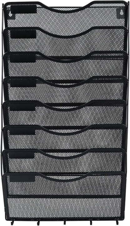 EasyPAG 8 Pocket Mesh Wall File Organizer with Key Hooks, Hanging Paper Folder Holder with Classify Label, Vertical Wall Mount Mail Organizer for Office Home Classroom, Black