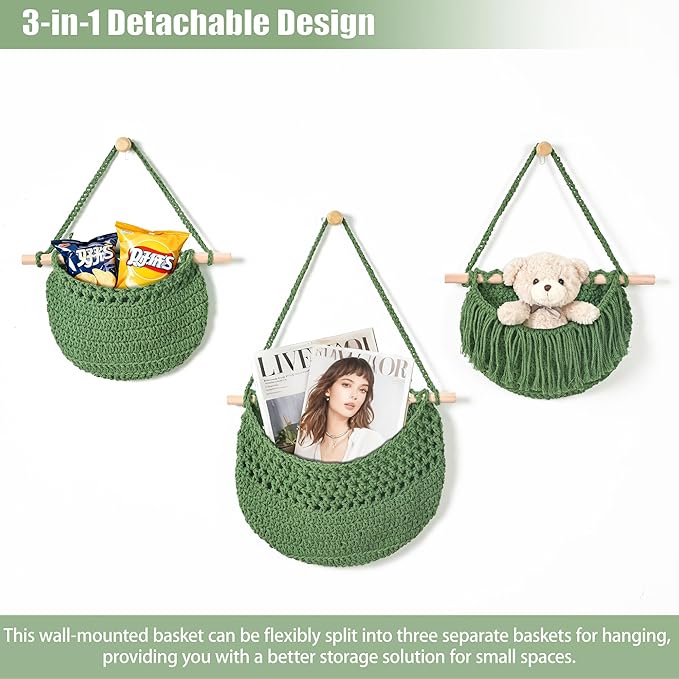 3 Tier Hanging Fruit Baskets for Kitchen, Boho Cotton Rope Handwoven Vegetable Hammock Produce Storage Wall Mounted Large Organizing Basket for Farmhouse Decor, Over The Door, Onion, Potato (Green)