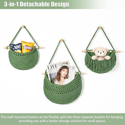 3 Tier Hanging Fruit Baskets for Kitchen, Boho Cotton Rope Handwoven Vegetable Hammock Produce Storage Wall Mounted Large Organizing Basket for Farmhouse Decor, Over The Door, Onion, Potato (Green)
