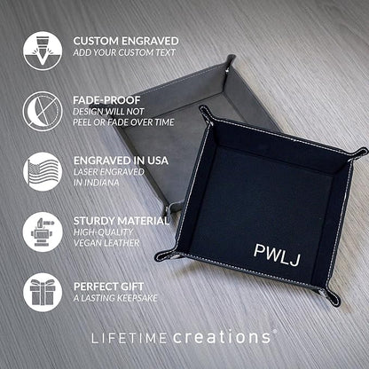 Lifetime Creations Monogrammed Valet Tray (Gray) - Personalized Vegan Leather Catchall, Change Tray, Groomsmen Gift, Desk Dresser Organizer