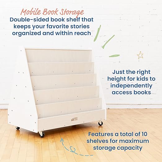 ECR4Kids Double-Sided Wooden Mobile Book Display and Storage, Montessori Furniture, White Wash
