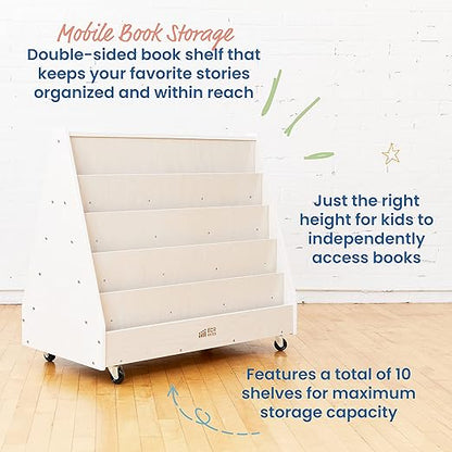 ECR4Kids Double-Sided Wooden Mobile Book Display and Storage, Montessori Furniture, White Wash