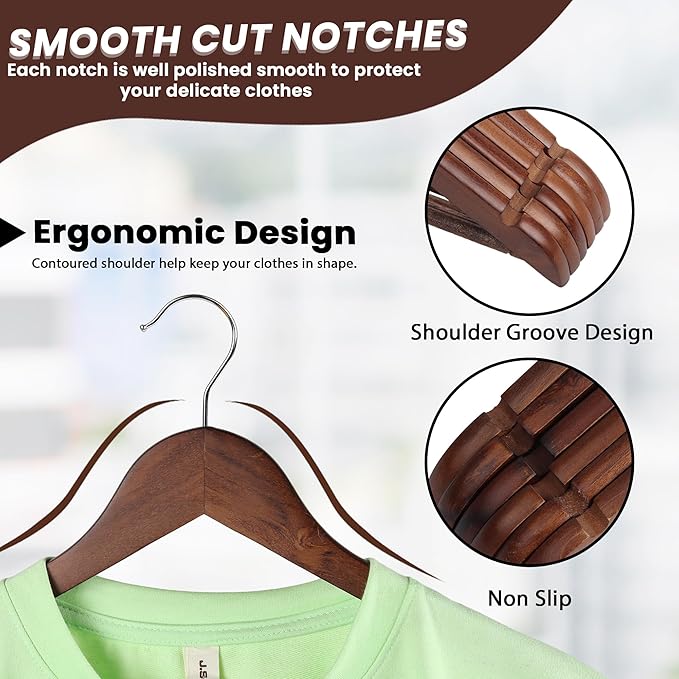 Kings Lifestyle Hub Wooden Hangers Premium Natural Bamboo Wood Hanger Well Polished Ergonomic Design & Sharply Cut Notches with Swivel Hook (Brown, Pack of 20)
