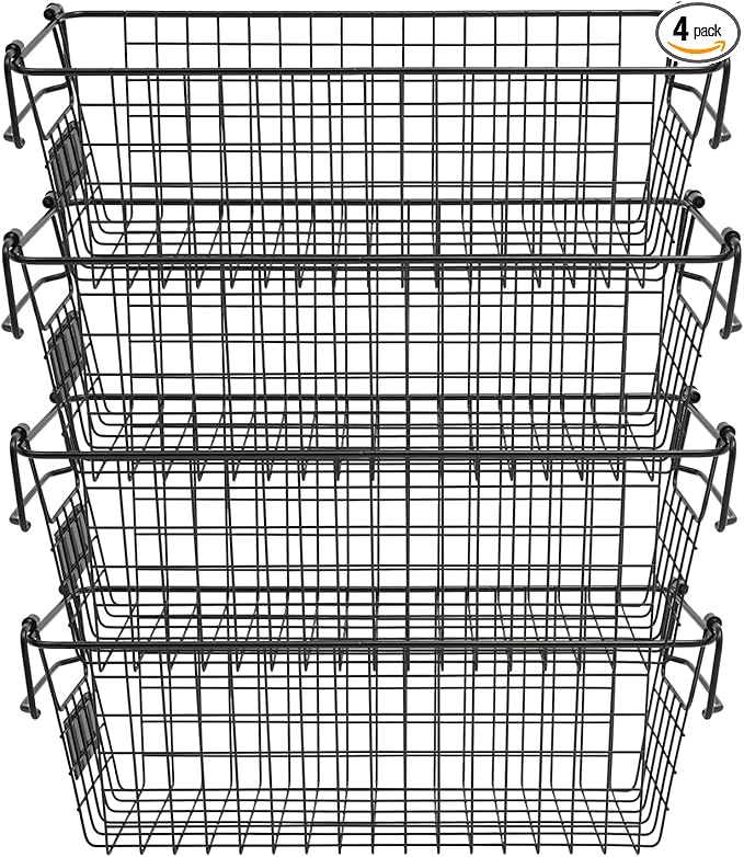 Stackable Metal Wire Rectangular Storage Basket Set For Kitchen or Bathroom, Kitchen Wire Baskets Farmhouse Decor Metal Food Storage Organizer