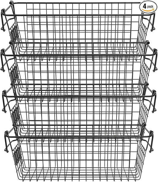 Stackable Metal Wire Rectangular Storage Basket Set For Kitchen or Bathroom, Kitchen Wire Baskets Farmhouse Decor Metal Food Storage Organizer