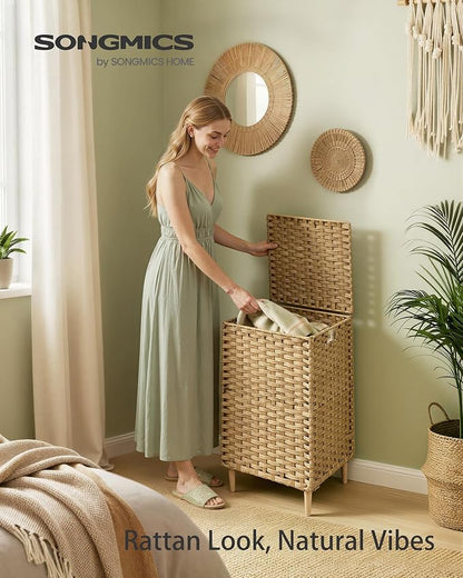 SONGMICS Laundry Hamper with Lid, PE Rattan Laundry Basket with Removable Liner, Storage Basket for Bedroom Living Room, 25 Gallons (95 L), Goose Yellow ULCB221YE01