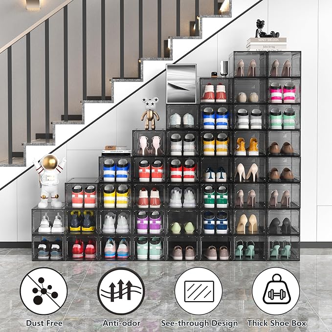 MCIJRJOI 12 Pack Hard Sturdy Thickened Rigid XX Large Shoe Storage Organizer for Closet, Clear Stackable Sneaker Shoe Boxes Rack Containers Display Case Bins with Lids, Grey02