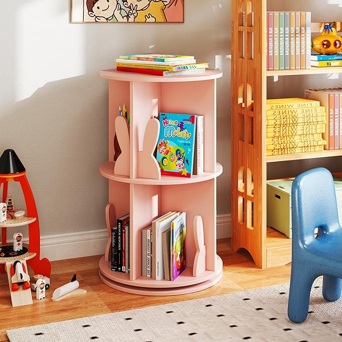 Costzon Kids Rotating Bookshelf, 2 Tier Small Book Shelf with Bookends, 360° Display Spinning Bookshelf Tower, Corner Bookshelf for Small Space, Kids Room, Bedroom, Nursery (Pink)