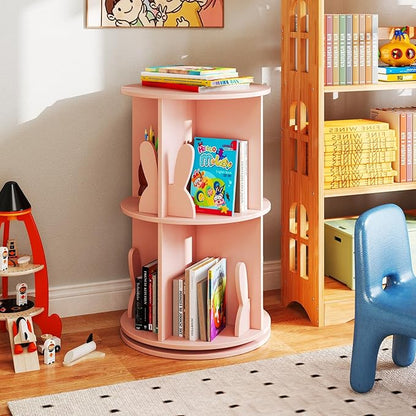 Costzon Kids Rotating Bookshelf, 2 Tier Small Book Shelf with Bookends, 360° Display Spinning Bookshelf Tower, Corner Bookshelf for Small Space, Kids Room, Bedroom, Nursery (Pink)
