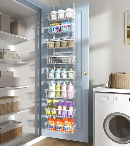 White 12 Inch Wide Narrow Over The Door Pantry Organizer, Pantry Organization and Storage, 8-Tier Metal Hanging Deep Basket Wall Spice Rack Seasoning Shelves, Home & Kitchen Essentials