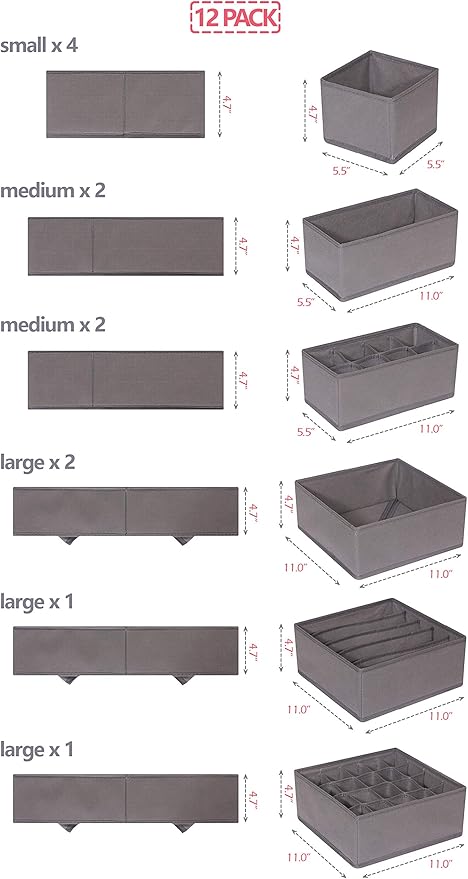 DIOMMELL 12 Pack Foldable Cloth Storage Box Closet Dresser Drawer Organizer Fabric Baskets Bins Containers Divider for Baby Clothes Underwear Bras Socks Lingerie Clothing,M Grey 11-2224