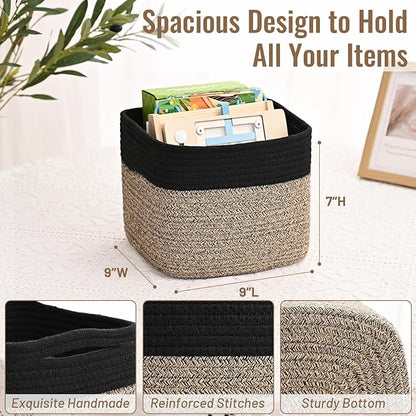 3 Pack Cube Storage Bin, 9”x9”x7” Cotton Rope Woven Baskets for Organizing Toys Clothes Towels, Square Gift Storage Baskets for Shelf, Nursery, Closet, Bathroom, Pantry (Black & Brown)