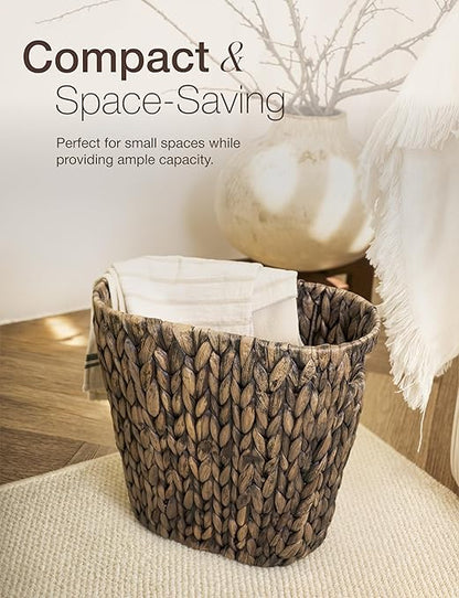 4 Gallons Wicker Waste Basket For Bathroom - Water Hyacinth Wicker Trash Can – Kitchen, Home Bathroom Garbage Can, Oval Magazine Basket - Desk Trash Can, Office Garbage Can with Handles (Black)
