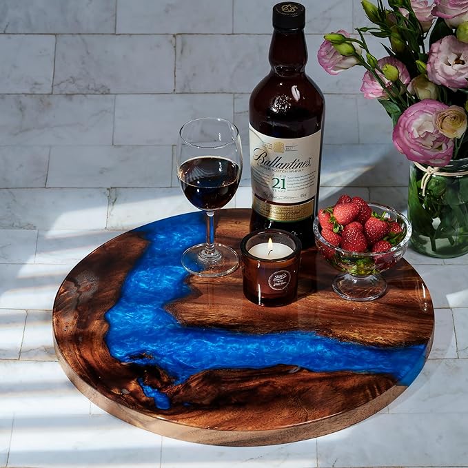 Handmade Reversible 16" Wood and Epoxy Resin Lazy Susan, Turntable for Kitchen Countertop, Rotating Display Stand, Organizer and Storage for Dining Table, Cup Board, Home Decor (Medium Blue)