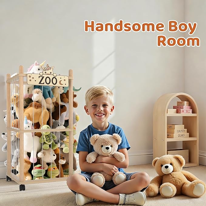 2 Tier Stuffed Animal Storage Zoo Tower,56In Wooden Large Stuffed Animal Holder Organizer with Wheels,Stuffy Plushies Storage with Elastic Band&Mesh Bottom,Toy Storage Organizers for Playroom Nursery