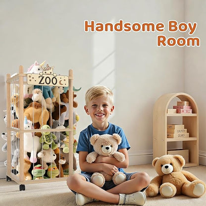 2 Tier Stuffed Animal Storage Zoo Tower,56In Wooden Large Stuffed Animal Holder Organizer with Wheels,Stuffy Plushies Storage with Elastic Band&Mesh Bottom,Toy Storage Organizers for Playroom Nursery