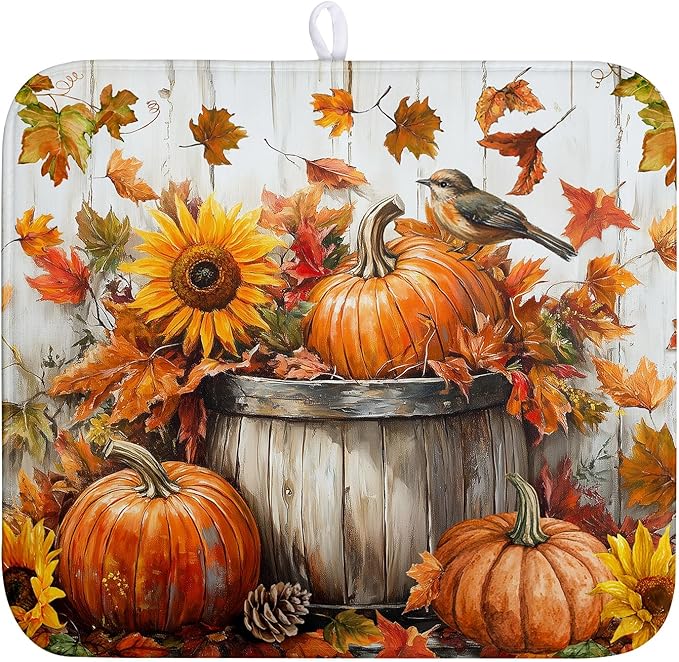 Wnoesat Fall Dish Drying Mat for Kitchen Counter Autumn Thanksgiving Pumpkin Sunflower Maple Leaf Leaves Birds Dishes Draining Pad Washable Dish Drainer Rack Mat Medium 16x18 Inch